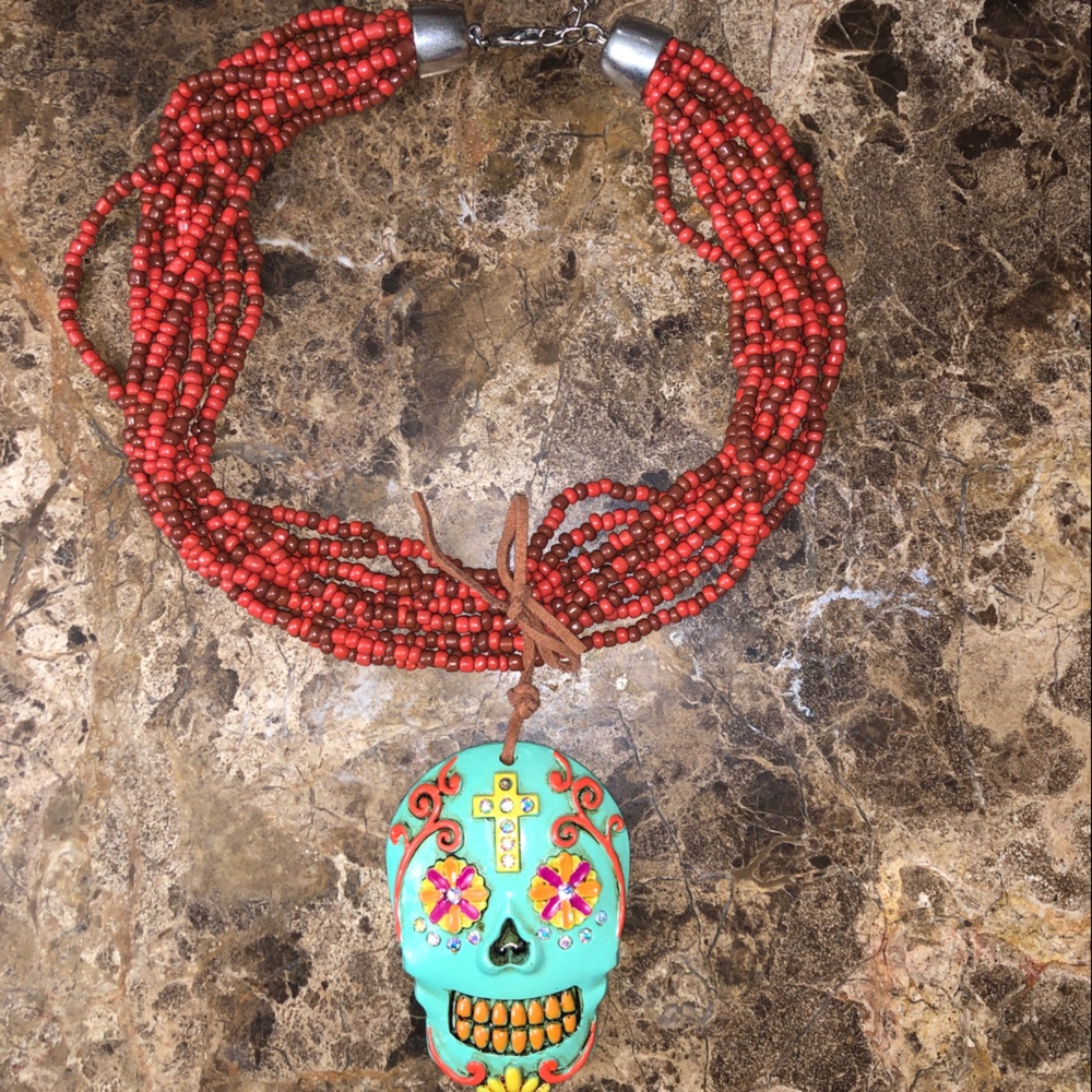 💀 Turquoise Red Sugar Skull Statement Necklace 💀